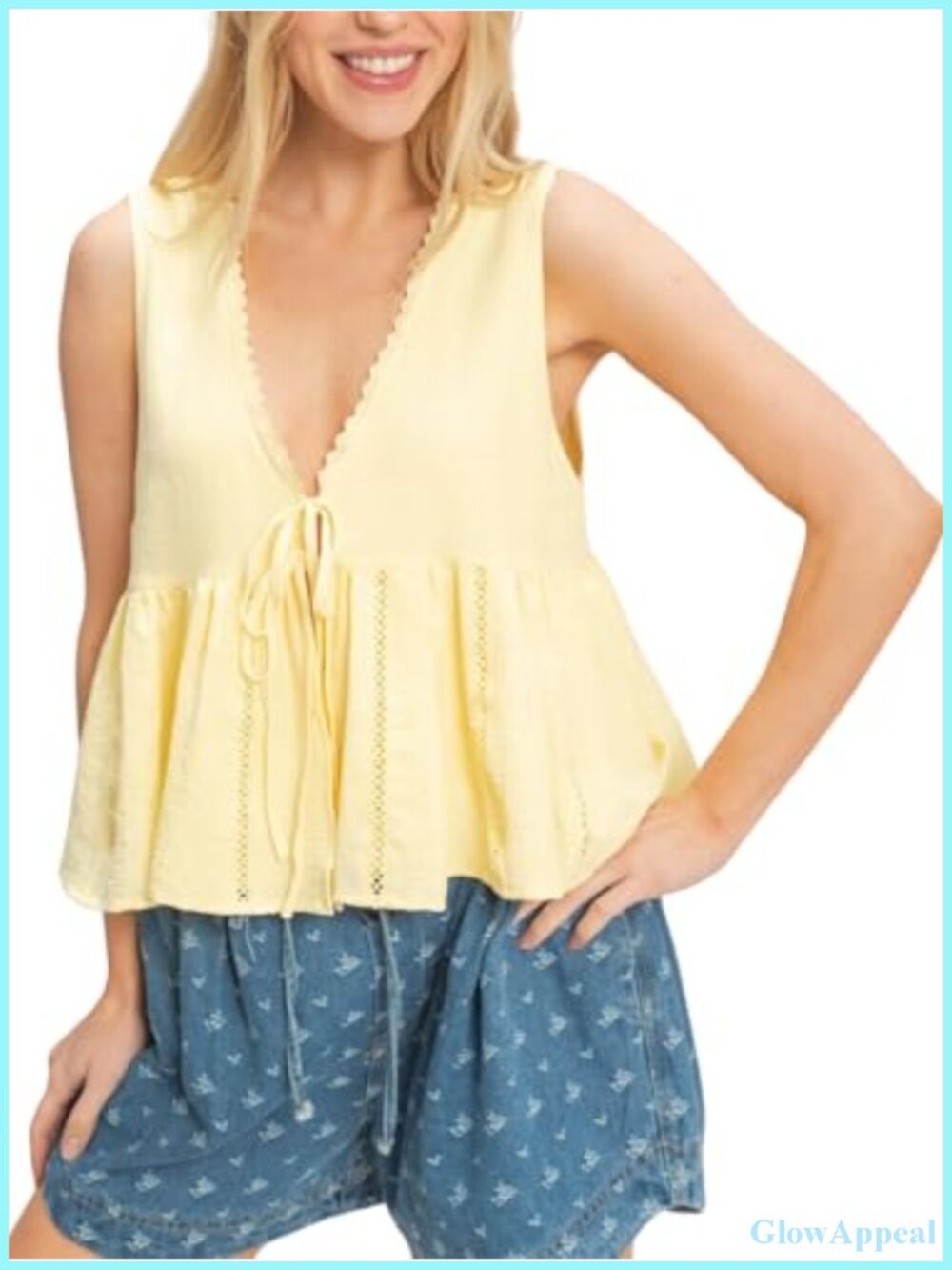 Women Lace Trim Tie Front Peplum Cami Blouse Sleeveless Boho Top